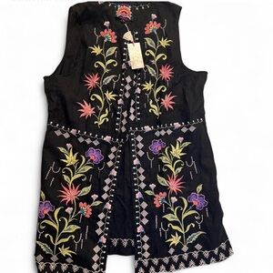 Johnny Was Black Linen Calista Embroidered Floral Linen Vest, Size XL New